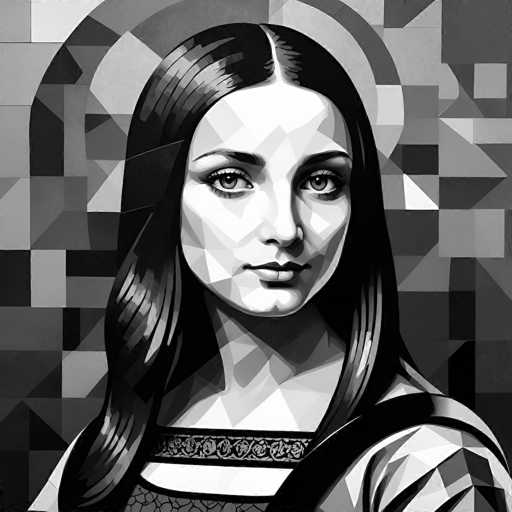 This grayscale portrait features a woman with long, flowing hair, rendered in a stylized, geometric art style reminiscent of stained glass or a mosaic. She gazes directly at the viewer with a serious expression, her features sharply defined by angular shapes and contrasting highlights. The background is a complex geometric pattern of squares and triangles, creating a visually striking and somewhat abstract composition.