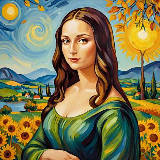 This painting, reminiscent of Van Gogh's style, features a woman in a green dress surrounded by sunflowers and a swirling, vibrant landscape. The spatial relationship places the woman centrally, with the background elements – rolling hills, a river, and a swirling sky – creating a sense of depth. The use of thick brushstrokes and bold colors evokes a dreamlike, emotional atmosphere.