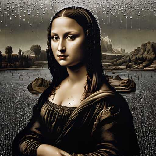 This digitally altered portrait reimagines Leonardo da Vinci's Mona Lisa under a rainstorm. The iconic woman is framed by cascading water droplets, with a landscape of mountains and a serene body of water visible in the background. The art style blends the Renaissance portraiture with a modern, atmospheric effect, creating a dramatic and slightly melancholic image.