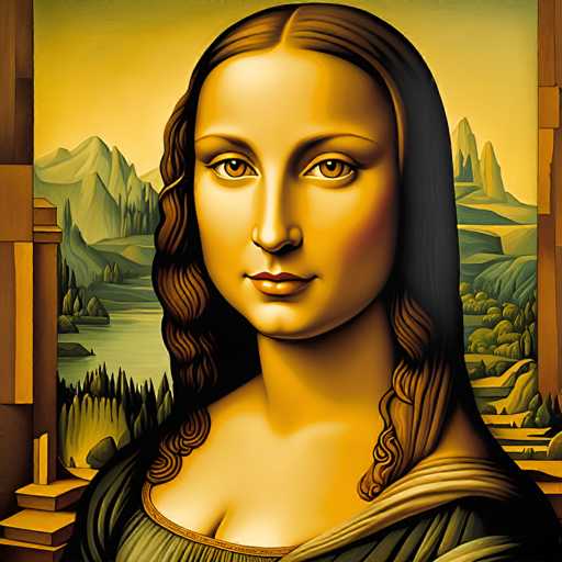 This digital artwork reimagines Leonardo da Vinci's Mona Lisa in a warm, golden color palette. The portrait features the iconic subject with her enigmatic smile, set against a soft, landscape-like background. The style blends Renaissance portraiture with a modern, slightly stylized aesthetic, emphasizing soft lighting and subtle color gradients.