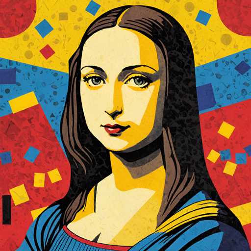 This image is a stylized, pop-art rendition of the Mona Lisa. The subject, Leonardo da Vinci's iconic portrait, is presented with a vibrant, geometric aesthetic using bold, flat shapes and contrasting colors. The spatial relationship is simplified, emphasizing the subject's face against a dynamic backdrop of colorful, fragmented squares and circles.