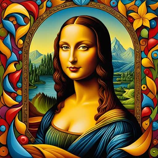 This digital artwork reimagines the Mona Lisa in a vibrant, mosaic-style format. The portrait features a woman with a serene expression, framed by an ornate, colorful border reminiscent of stained glass. The background depicts a landscape with mountains and water, creating a detailed, stylized composition.