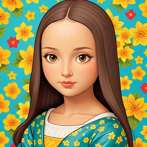The image features a young, anime-style girl with long brown hair and large, expressive brown eyes, wearing a teal floral dress. She's positioned centrally against a vibrant blue background adorned with yellow flowers. The art style is digital illustration, emphasizing soft shading and detailed facial features.