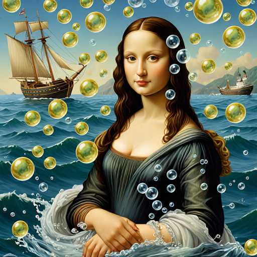This artwork playfully reimagines Leonardo da Vinci's Mona Lisa, placing her within a fantastical ocean scene filled with bubbles and a sailing ship. The Renaissance portrait is juxtaposed with a more whimsical, surreal environment, creating a dreamlike and unexpected spatial relationship. The style blends the classic portraiture with an imaginative, bubble-filled world.