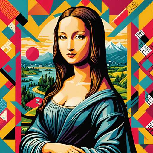This vibrant, digitally-enhanced artwork reimagines Leonardo da Vinci's Mona Lisa. The iconic portrait features the subject in a stylized, geometric design with bold, flat color blocks and sharp lines. The background landscape is a simplified, colorful vista of mountains, water, and a stylized sunset, creating a modern, graphic interpretation of the classic masterpiece.