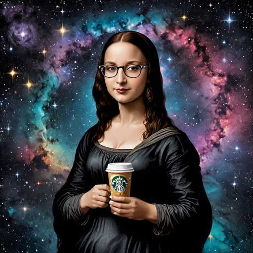 The image is a digital artwork blending Leonardo da Vinci's Mona Lisa portrait with a modern Starbucks cup, set against a vibrant, swirling nebula backdrop. The Mona Lisa's serene expression is juxtaposed with the contemporary coffee cup, creating a whimsical and unexpected fusion. The spatial relationship places the Mona Lisa in the foreground, holding the cup, while the cosmic background provides a fantastical context.