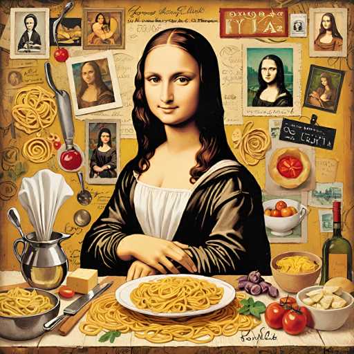 This artwork playfully merges Leonardo da Vinci's Mona Lisa portrait with a pasta-themed still life. The iconic painting is surrounded by various pasta elements like spaghetti, noodles, and ingredients, arranged on a table. The style is a whimsical blend of Renaissance art and culinary imagery, creating a humorous juxtaposition.