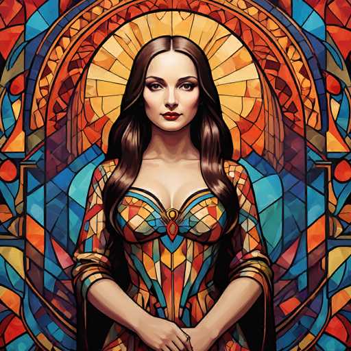 The image features a woman with long, flowing brown hair and a detailed, colorful stained-glass style dress. She's positioned centrally within an ornate, circular window frame, her hands clasped in front of her. The art style is reminiscent of Art Nouveau or stained-glass windows, with intricate geometric patterns and vibrant color gradients.