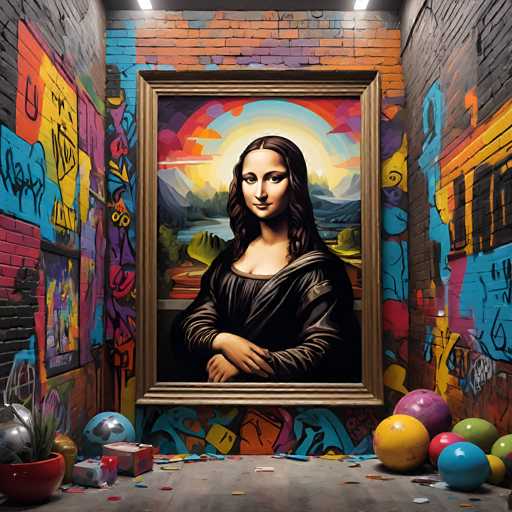 A framed portrait of the Mona Lisa dominates a graffiti-covered room, its serene depiction contrasting with the vibrant, chaotic urban art. Colorful, scattered balls and a potted plant add to the playful disarray surrounding the artwork, creating an unexpected juxtaposition of high art and street culture.