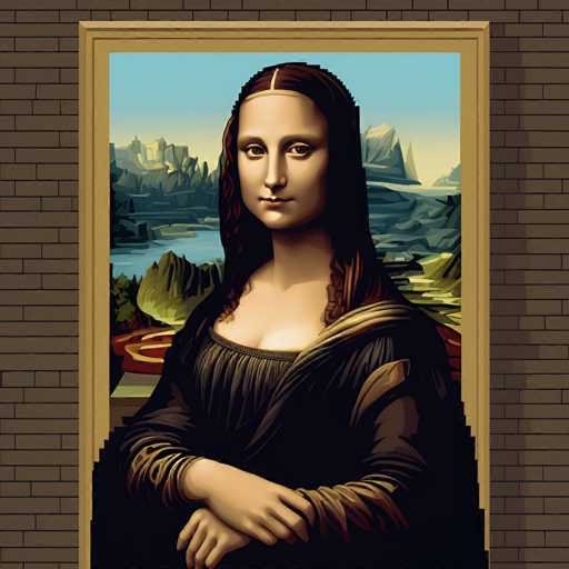 The image is a digital recreation of Leonardo da Vinci's "Mona Lisa," presented in a brick-textured frame. The portrait features the enigmatic woman with her hands clasped, set against a landscape of rolling hills and a serene body of water. The art style is a stylized, slightly pixelated rendition, maintaining the painting's soft, atmospheric quality.