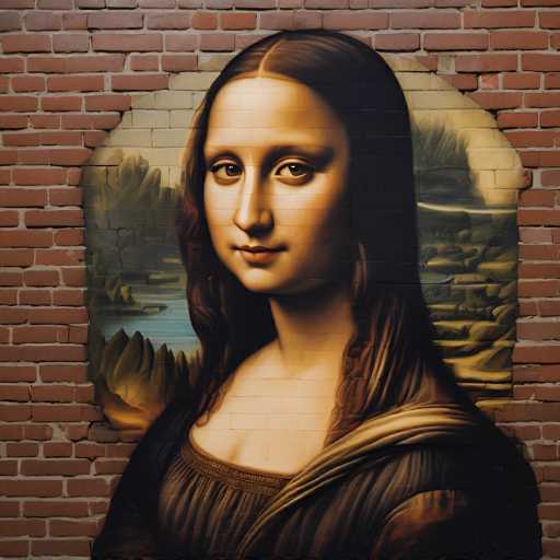 The image features a brick wall adorned with a mosaic-style depiction of the Mona Lisa. The portrait, rendered in a realistic style reminiscent of Renaissance art, dominates the wall, with her enigmatic smile and gaze taking center stage. The brickwork provides a textured backdrop, contrasting with the detailed mosaic portrait.