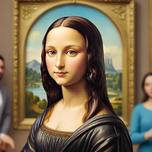 The image is a digital recreation of Leonardo da Vinci's "Mona Lisa," presented in a modern, slightly stylized format. The main subject is the portrait of Mona Lisa, with her enigmatic smile and serene gaze. She's framed by a detailed, ornate gold frame. The background depicts a landscape with mountains and a river, characteristic of the Renaissance art style.