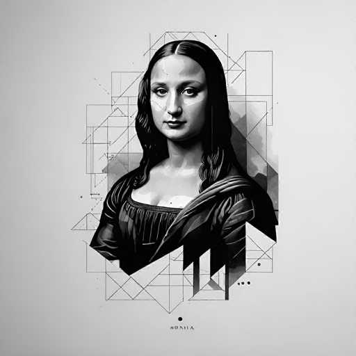 This digital artwork presents a stylized, monochromatic portrait of the Mona Lisa. The subject is depicted in a close-up, with her face and upper body centrally positioned against a geometric, grid-like background. The art style blends traditional Renaissance portraiture with modern digital abstraction, using sharp lines and a limited color palette to create a visually striking composition.