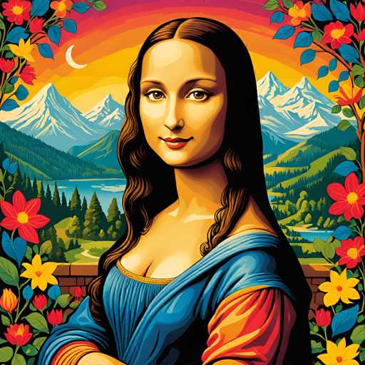 This vibrant, digitally-enhanced artwork reimagines the Mona Lisa in a stylized, illustrative style. The subject is depicted with a warm, glowing aesthetic, set against a fantastical landscape of mountains, a serene lake, and a floral frame. The spatial relationship is flattened, creating a dreamlike, almost symbolic composition.