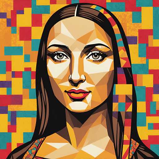 This vibrant, geometric portrait features a woman's face rendered in a mosaic-like style. The subject is centrally positioned, her large eyes and full lips drawing focus against a colorful, patterned background. The art style is bold and modern, utilizing angular shapes to create a stylized representation of the human form.
