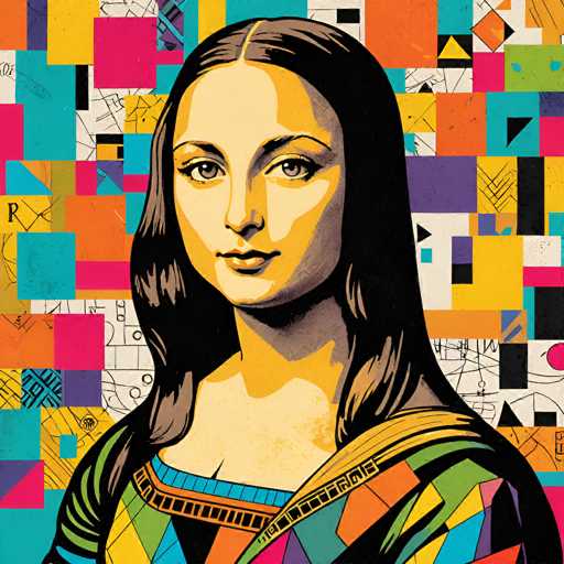 This vibrant, mosaic-style artwork reimagines the Mona Lisa with a bold, geometric aesthetic. The portrait's subject is presented within a collage of colorful, fragmented shapes and patterns, creating a modern, abstract interpretation of the Renaissance masterpiece. The spatial relationship is flattened, emphasizing the subject's gaze while deconstructing the traditional portrait format.