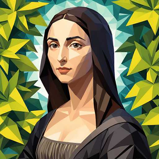 This digital artwork presents a stylized portrait of the Mona Lisa, reimagined in a vibrant, geometric style reminiscent of a mosaic. The subject is centrally positioned against a backdrop of stylized green leaves and a teal geometric pattern, creating a modern, abstract interpretation of the classic Renaissance masterpiece.