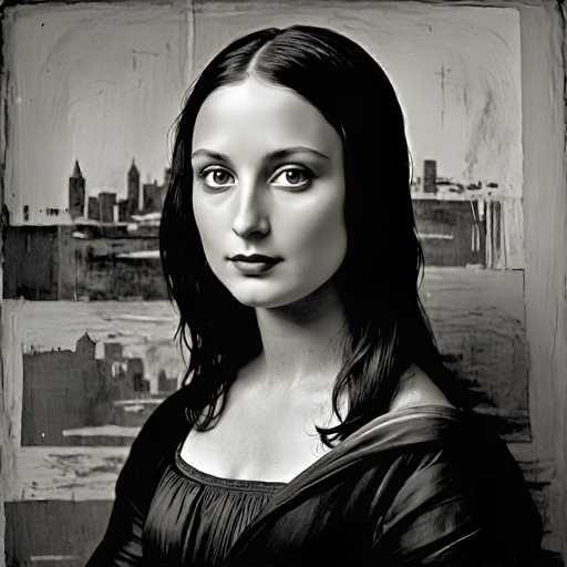 This black and white portrait mimics Leonardo da Vinci's "Mona Lisa" style, presenting a woman with a serene gaze. The subject is centrally positioned against a textured backdrop of a cityscape, creating a sense of depth and drawing the viewer's attention to her face. The soft lighting and subtle shading evoke a classical, Renaissance aesthetic.