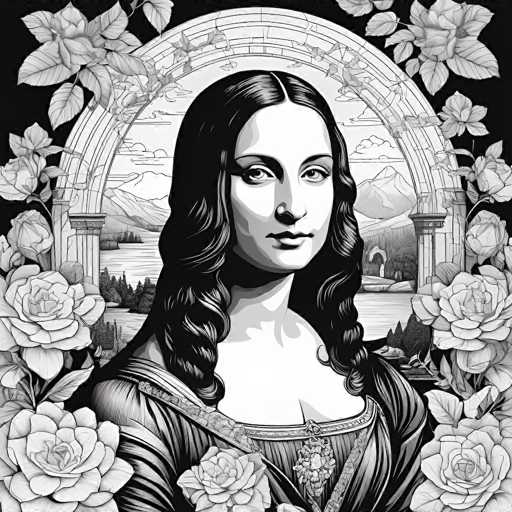 This black and white digital artwork presents a stylized portrait of the Mona Lisa, framed by ornate floral motifs. The subject is centrally positioned within an arched frame depicting a landscape with mountains and water, creating a classical, almost allegorical feel. The art style is reminiscent of Renaissance portraiture with its detailed shading and focus on the subject's serene expression.