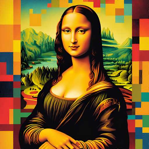 This image is a digital mosaic recreation of Leonardo da Vinci's Mona Lisa. The portrait features the iconic subject, Mona Lisa, with a serene expression, set against a landscape of rolling hills and a flowing river. The art style is a vibrant, pixelated mosaic, creating a modern, digital interpretation of the Renaissance masterpiece.