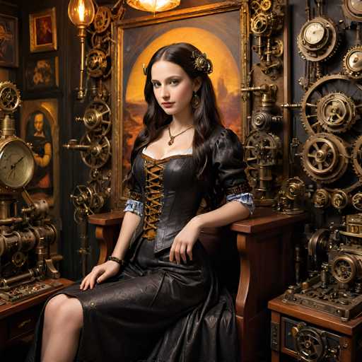 A woman in a dark, ornate Victorian-style dress sits amidst a cluttered, steampunk-themed room. Gears and clockwork devices adorn the walls and furniture, creating an intricate, vintage aesthetic. The lighting is warm, highlighting the woman's elegant pose and the detailed mechanical elements in a dimly lit space.