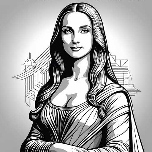 This black and white illustration features a stylized portrait of a woman, likely the Virgin Mary, with flowing hair and a serene expression. She's depicted in a simple, draped garment, her hands clasped in front. A faint outline of a building, possibly the Sistine Chapel, is visible in the background, suggesting a connection to Renaissance art. The style is graphic and illustrative, emphasizing clean lines and shading.