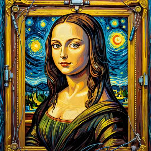 This image is a digital artwork reimagining Leonardo da Vinci's Mona Lisa. The portrait features the iconic subject framed within a stylized, futuristic frame reminiscent of a modern art installation. The artwork blends the Renaissance portrait's serene expression with a vibrant, digitally-enhanced Van Gogh-inspired starry night background.