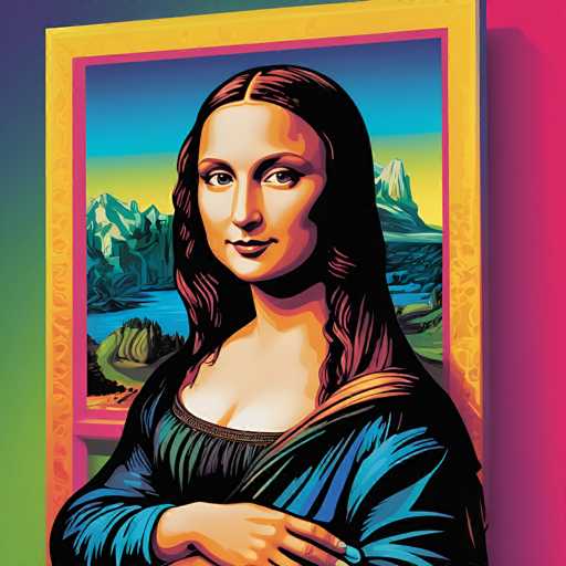 The image is a vibrant, stylized digital rendition of the Mona Lisa. The main subject is a woman with a serene expression, her hands folded in front. She's framed by a colorful, ornate gold frame and a landscape painting behind her featuring mountains and water. The art style is bold and graphic, utilizing flat blocks of color with a slightly retro aesthetic.