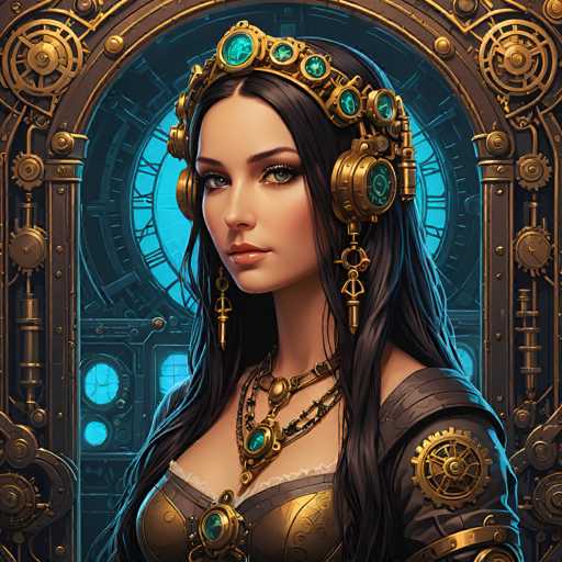 A woman with long, dark hair and intricate steampunk-inspired jewelry is centrally positioned against a detailed, brass-toned mechanical backdrop. The art style blends fantasy and science fiction with intricate gears, glowing blue accents, and a focus on ornate detail.