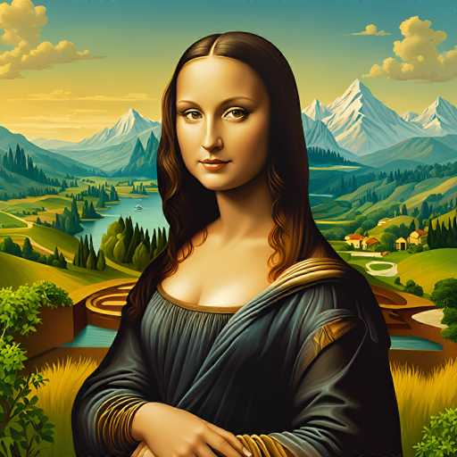 This image reimagines Leonardo da Vinci's Mona Lisa, placing her within a serene, idyllic landscape. The portrait is rendered in a classic Renaissance style with soft lighting and detailed textures, emphasizing the subject's gentle gaze. The background features rolling hills, a flowing river, and distant mountains under a warm sky, creating a harmonious and dreamlike composition.