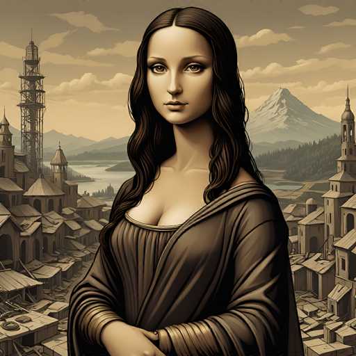 The image presents a digital artwork blending Leonardo da Vinci's Mona Lisa with a detailed, slightly dystopian cityscape. The woman's serene gaze is directed towards the viewer, framed by a backdrop of dilapidated buildings and a distant mountain range. The art style is a blend of photorealism and a textured, slightly retro aesthetic, creating a surreal juxtaposition.