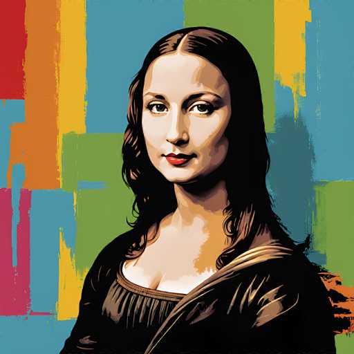 This digital artwork presents a stylized, modern rendition of the Mona Lisa. The main subject is a portrait of the iconic Renaissance woman, rendered with bold, textured brushstrokes and a vibrant, abstract background. The spatial relationship is simplified, focusing on the subject's direct gaze and expressive features within a colorful, fragmented backdrop.