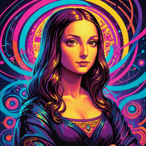 This vibrant, retro-futuristic portrait features a woman with flowing dark hair and intense eyes, set against a swirling, neon-colored cosmic backdrop. The art style blends digital painting with psychedelic elements, emphasizing bold lines and a dreamlike, otherworldly atmosphere.
