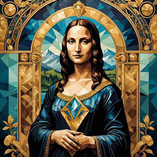 This artwork presents a digital mosaic-style portrait of Mona Lisa, rendered in a detailed, stylized manner. The subject is centrally positioned within an ornate, arched frame featuring geometric patterns and a landscape backdrop of mountains and water. The overall style blends Renaissance portraiture with modern digital art techniques, creating a visually rich and textured image.