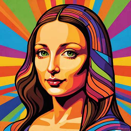 This vibrant, retro portrait features a woman with flowing brown hair and large green eyes, rendered in a bold, colorful, pop-art style. The image utilizes radiating stripes of color as a backdrop, emphasizing the subject's face and creating a dynamic, stylized aesthetic. The spatial relationship is close-up, focusing entirely on the woman's face and upper body.