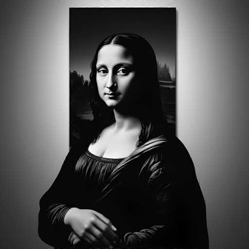This is a black and white digital rendition of Leonardo da Vinci's Mona Lisa. The portrait features a woman with a serene expression, her hands gently clasped in front. She's draped in a dark, flowing garment with a subtle, soft lighting that emphasizes the sfumato technique. The background is a dark, atmospheric landscape, typical of Renaissance art.