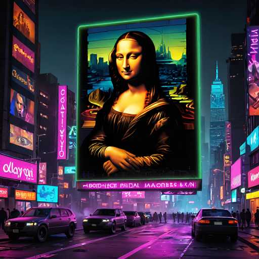 A neon-lit, futuristic cityscape showcases a giant, glowing digital rendition of the Mona Lisa dominating a vibrant street. Cars navigate a bustling intersection beneath towering buildings adorned with holographic advertisements, creating a surreal blend of classic art and modern urban life. The style is a vibrant, cyberpunk-inspired digital illustration with bold neon colors and sharp lines.