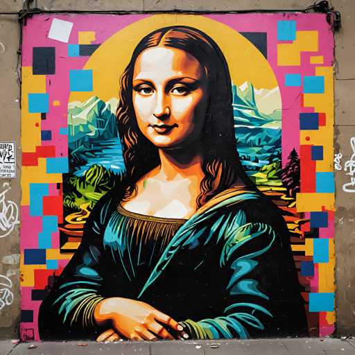 This vibrant mural reimagines Leonardo da Vinci's Mona Lisa as a modern, colorful street art piece. The iconic portrait is presented within a bold, geometric frame of squares and blocks in bright hues of pink, yellow, and blue. The Mona Lisa's serene expression remains central, juxtaposed with the abstract, graffiti-inspired background.