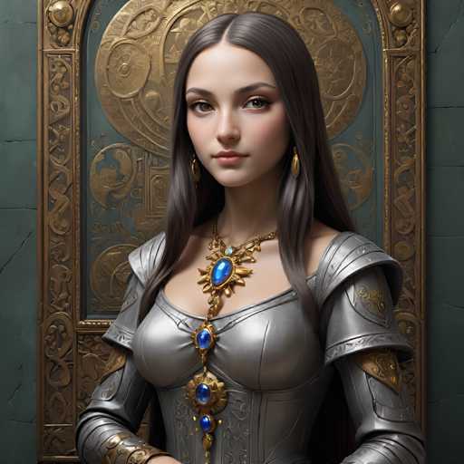 A regal woman in ornate silver armor and a jeweled necklace is centered within an intricately framed portrait. Her long, dark hair cascades around her shoulders, and she gazes directly at the viewer with a serene expression. The art style is highly detailed and reminiscent of Renaissance or fantasy portraiture, emphasizing texture and rich ornamentation.