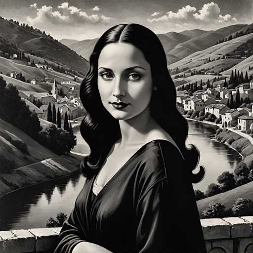 A woman with flowing dark hair gazes directly at the viewer in a black and white portrait. She's dressed in a dark, draped garment, positioned against a picturesque landscape of rolling hills and a winding river. The art style is reminiscent of a classic, possibly Renaissance-inspired, portrait with dramatic lighting and a focus on the subject's expressive gaze.
