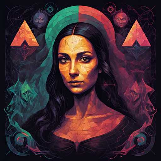 This digital artwork features a woman with dark, flowing hair, rendered in a low-poly, geometric style. She's centrally positioned against a dark backdrop with triangular and circular motifs surrounding her.  A symmetrical, half-and-half design overlays the woman's face and body, creating a surreal, otherworldly aesthetic.