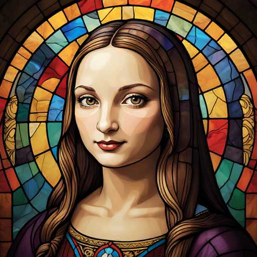 This digital artwork depicts a woman's portrait in the style of a stained-glass window. The central focus is her face, rendered with soft shading and detailed features, set within a vibrant, colorful geometric design. The spatial relationship is one of close-up portraiture, with the woman's gaze directed towards the viewer.