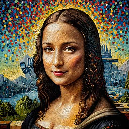 This mosaic-style artwork reimagines the Mona Lisa as a modern, digitally-rendered portrait. The subject is a woman with a serene expression, her face and hair formed from countless small, colorful tiles. The background features a stylized cityscape with a vibrant, abstract sky, creating a unique and contemporary take on the iconic Renaissance masterpiece.