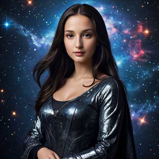 A stunning woman with long, flowing dark hair and a determined gaze is the central focus. She wears a futuristic, shimmering black suit with a cape, set against a vibrant, swirling cosmic backdrop of stars and nebulae. The art style is digital fantasy portraiture, emphasizing a dramatic, otherworldly atmosphere.