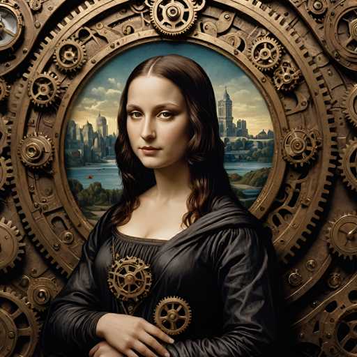 This image presents a steampunk-inspired portrait of a woman, reminiscent of Leonardo da Vinci's Mona Lisa, framed within an ornate clockwork-style circular design. The woman is dressed in a dark, flowing gown adorned with gear-like details, set against a backdrop of a city viewed through the clockwork frame. The art style blends Renaissance portraiture with intricate mechanical aesthetics, creating a fantastical, vintage feel.