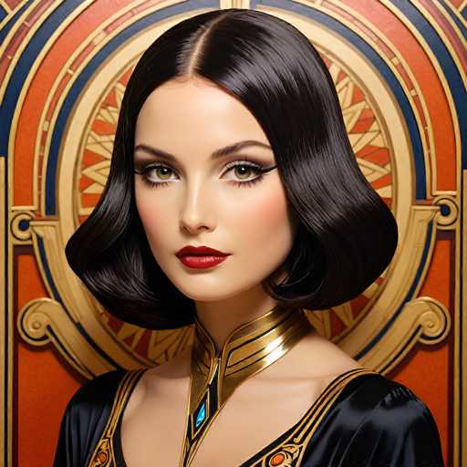 A stunning, digitally-rendered portrait of a woman with dark, voluminous hair and striking makeup dominates the frame. She wears an ornate, golden collar and a black gown with gold accents, set against a richly patterned, circular backdrop. The art style is highly detailed and stylized, reminiscent of Art Deco with a touch of fantasy.