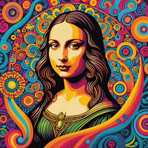 This vibrant, digitally-enhanced artwork reimagines Leonardo da Vinci's Mona Lisa. The portrait features a stylized, psychedelic rendition of the iconic painting, with swirling, colorful patterns surrounding the subject. The spatial relationship is dynamic, with the figure's gaze drawing the viewer in amidst the abstract, retro-inspired design.