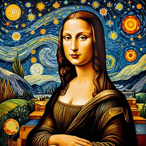 This artwork blends Leonardo da Vinci's Mona Lisa portrait with Vincent van Gogh's Starry Night. The serene, enigmatic woman is framed by a swirling, dreamlike night sky filled with vibrant stars and a crescent moon. The spatial relationship is distorted, creating an otherworldly atmosphere where the familiar portrait merges with a cosmic landscape.