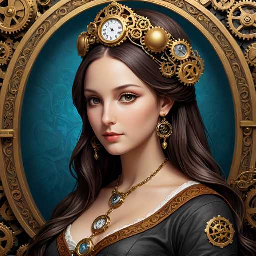 A woman with long, dark hair and intricate clockwork adornments graces a vintage-style portrait. She wears a detailed golden headpiece with gears and a matching necklace, complemented by ornate earrings. The deep teal background features a circular frame of brass gears, creating a fantastical, steampunk aesthetic.