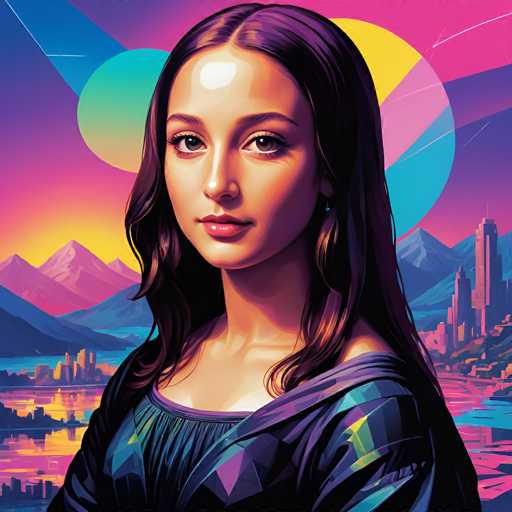 This vibrant, digital artwork presents a stylized portrait of a young woman with long, dark hair, reminiscent of a modern Renaissance-inspired digital painting. She's positioned centrally against a colorful, retro-futuristic backdrop featuring mountains, a cityscape, and geometric shapes. The overall style blends digital art with a nostalgic aesthetic, creating a striking, modern take on a classic portrait.